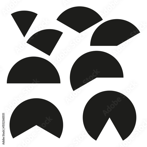 Abstract Pacman shapes. Geometric game elements. Monochrome pie segments. Vector illustration.