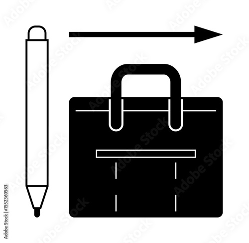 Pen, business briefcase, and arrow communicating professionalism, career progress, and organization. Ideal for business, career growth, planning work process productivity strategy success. Simple