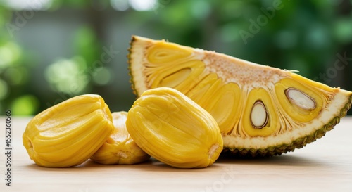 Freshly Cut Yellow Jackfruit Slices on Wooden Surface with Green Background in Soft Natural Light
