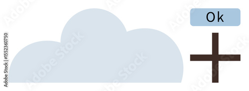 Light blue cloud, dark plus sign, and small Ok label. Ideal for cloud integration, digital acceptance, application updates, cloud services, online storage simplicity data addition. Modern flat