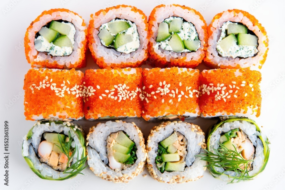Assortment of California rolls and tobiko sushi on white masago Assortment of California rolls and tobiko sushi on white masago