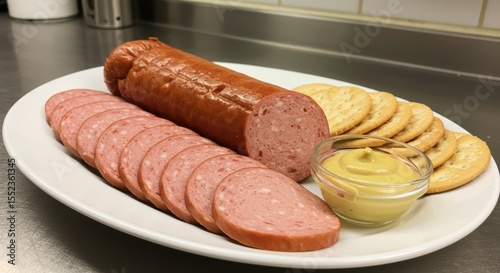 Platter of Sliced Sausages with Crackers and Mustard Sauce on White Plate in Modern Kitchen Setting