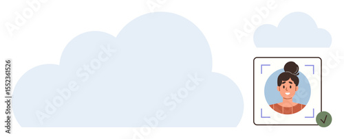 Cloud backdrop with a user profile picture in a frame highlighted for identification, including a green verification checkmark. Ideal for technology, identity, security, cloud storage