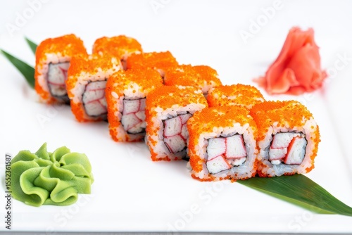 California roll sushi with tobiko and crab sticks on white plate seafood japanese