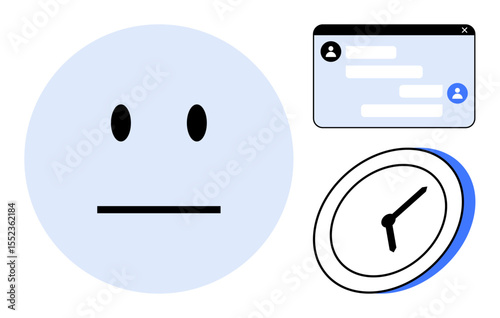 Neutral face conveying emotion, dialog box with text and user icon, clock showing concept of timing. Ideal for communication, emotion, time management, productivity, online interaction, scheduling