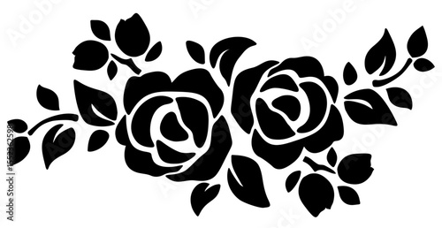 Rose flowers. Black silhouette of roses isolated on a white background. Vector floral design element