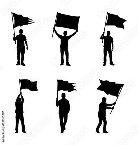 set of silhouettes of people waving flags, isolated background