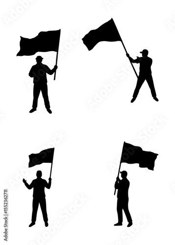 set of silhouettes of people waving flags, isolated background