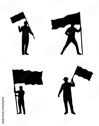 set of silhouettes of people waving flags, isolated background