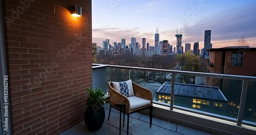 Video capturing an outdoor patio with city skyline view featuring a chair rug potted plant and glass sliding door in twilight lighting