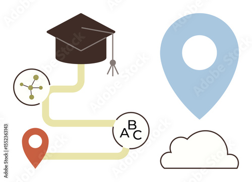 Graduation cap atop winding path with connected nodes, map markers, and cloud. Ideal for education, career planning, navigation, achievement, e-learning future goals online resources. Simple flat
