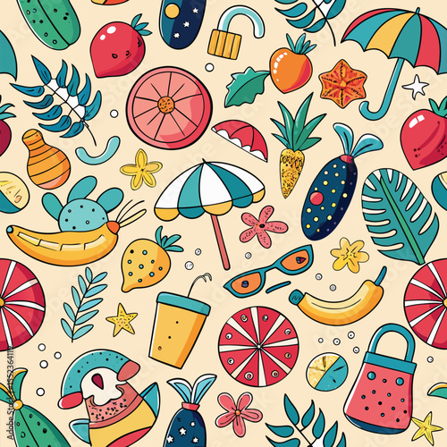 Summer Vacation Doodle Seamless Pattern, Beach & Sea Travel Elements