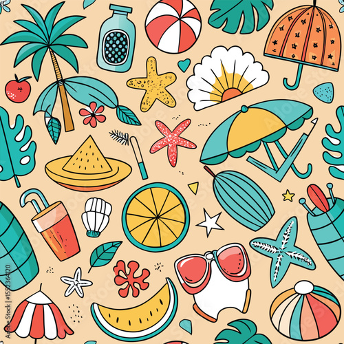 Summer Vacation Doodle Seamless Pattern, Beach & Sea Travel Elements