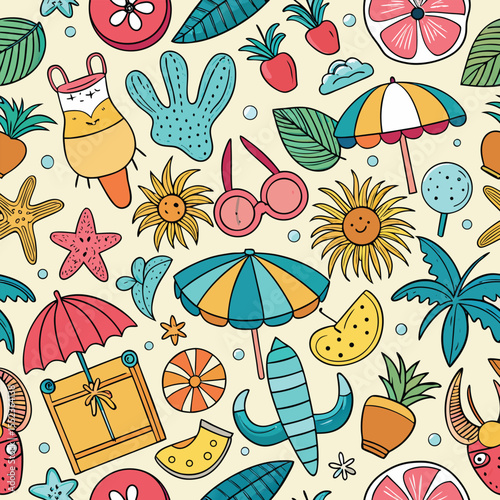 Summer Vacation Doodle Seamless Pattern, Beach & Sea Travel Elements