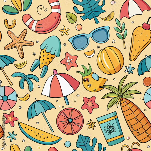 Summer Vacation Doodle Seamless Pattern, Beach & Sea Travel Elements