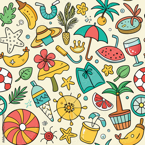 Summer Vacation Doodle Seamless Pattern, Beach & Sea Travel Elements