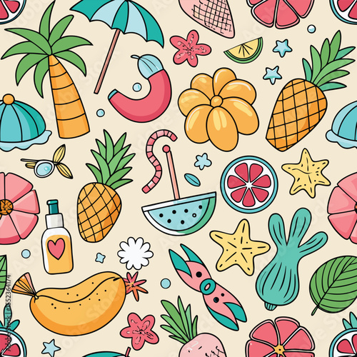 Summer Vacation Doodle Seamless Pattern, Beach & Sea Travel Elements