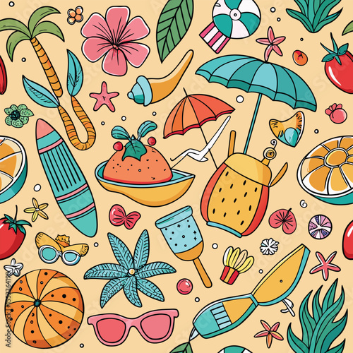 Summer Vacation Doodle Seamless Pattern, Beach & Sea Travel Elements