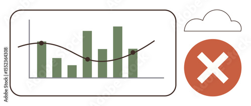 Green bar graph with trend line, dot markers, a red crossed circle, and a cloud. Ideal for analytics, data loss, cloud service issues, error trends, business decline forecasting simple flat