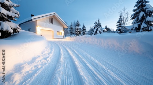 Wallpaper Mural A picturesque snowy house bathed in soft light finds itself surrounded by a serene winter landscape, evoking feelings of warmth and comfort amid chilly surroundings. Torontodigital.ca