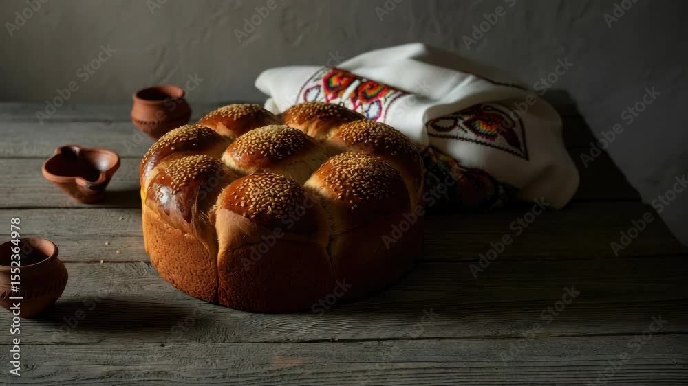 Traditional bread with sesame seeds on rustic table clay cups and embroidered cloth