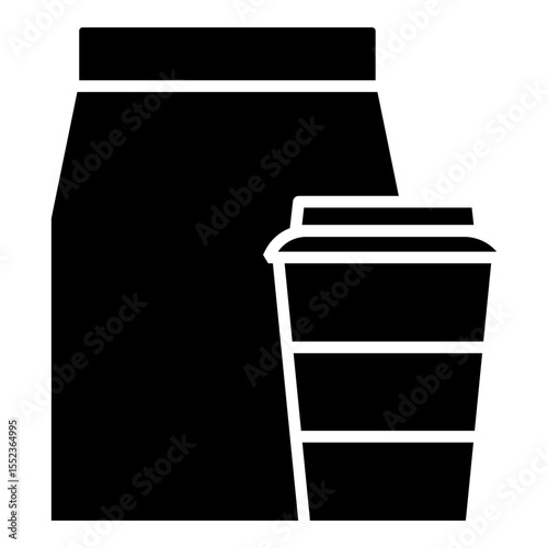 Take out, takeaway paper bag and paper cup vector glyph solid icon	