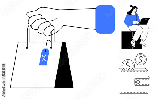 Hand holding bag with discount tag, woman seated browsing laptop, wallet with coins. Ideal for e-commerce, discounts, digital shopping, savings, retail budgeting customer engagement. Simple flat