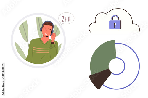 Customer service representative in headset speaking with 247 icon, secure cloud with padlock, and pie chart in sections. Ideal for customer care, data analysis, IT support, communication, security