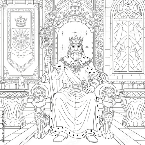 A majestic king sits confidently on a lion-carved throne, wearing a crown and fur-trimmed robe, holding a scepter in a lavishly decorated royal chamber.