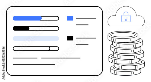 Progress bars on a digital dashboard, secured cloud icon, and stacked coins. Ideal for finance, budget planning, data security, analytics, digital banking fintech modern technology. Clean flat