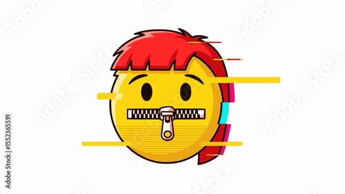 Modern zipper mouth emoji with glitch effect and red hair. Secret or quiet concept vector illustration.
