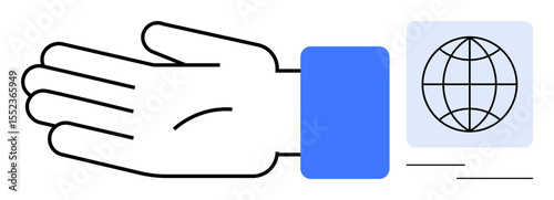 Outlined hand with open palm facing a globe, symbolizing connection, support, and worldwide cooperation. Ideal for topics of charity, teamwork, international aid, global outreach, partnership