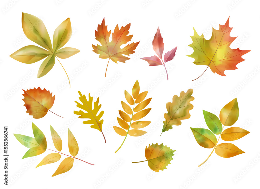 Set of different autumn leaves. Stickers with bright fallen dry leaves of trees in different shades of yellow and red. Fall season. Watercolor vector illustration collection isolated on background