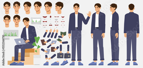 Character constructor set. Happy Asian Male Entrepreneur or Trader in Different Body Positions. Arms, Legs and Facial Expressions of Investor. Flat vector illustration isolated on background