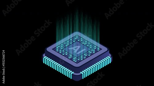 Isometric artificial intelligence chip animation. Artificial intelligence concept. Futuristic microchip processor. Motion graphic. Transparent background with alpha channel