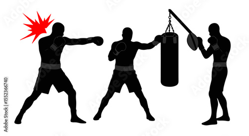 Silhouette of boxers training with a punching bag showcasing power and fitness in a dynamic sporting display of exercise.