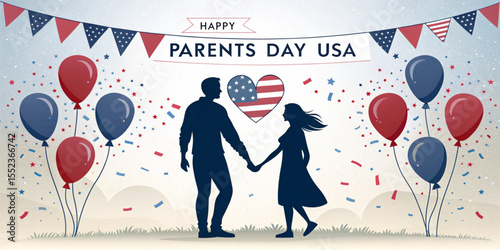 Parents Day USA, Fourth Sunday in July. Male and female silhouettes with heart and title. Festive banner vector illustration.
