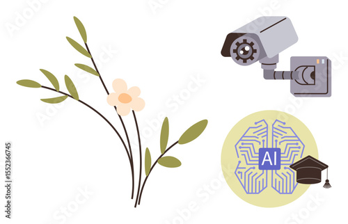 Security camera, blooming flower, and AI chip interconnected with digital circuit. Ideal for technology, AI ethics, nature-technology balance, innovation future, surveillance, education