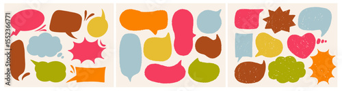 Crayon speech bubble set. Sticker with comical hand drawn geometric shapes with space for text. Clouds for chatting and online communication. Flat vector illustration collection isolated on background