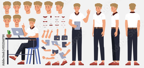 Character constructor set. Happy Male Entrepreneur or businessman in Different Body Positions. Arms, Legs and Facial Expressions of office worker. Flat vector illustration isolated on background