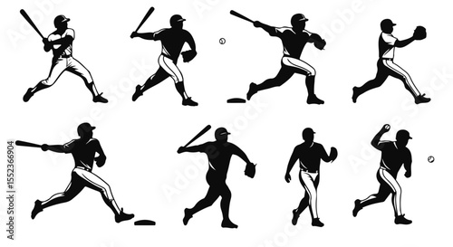 Diverse baseball players in action are showcased, including batters, pitchers, catchers, and runners in dynamic poses.