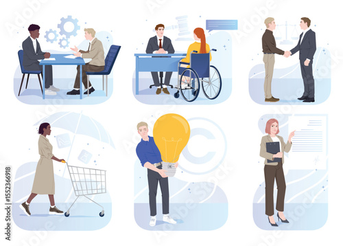 Commercial law. Set of scenes with lawyers giving advice to entrepreneurs, facilitating negotiations of business partners and registering copyrights. Flat vector illustration isolated on background