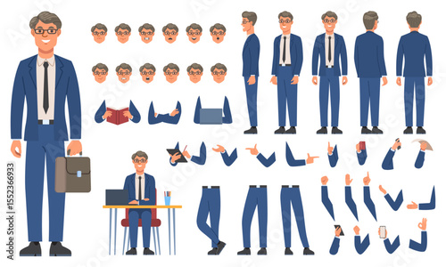 Character constructor set. Happy businessman in suit and glasses in different body positions. Arms, legs and expressions of office worker. Flat vector illustration collection isolated on background