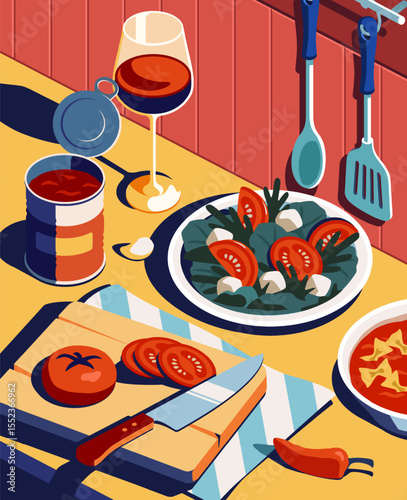Italian dinner on home kitchen. Poster with homemade salad, pasta with cheese and tomato sauce and glass of wine. Process of cooking delicious food. Cartoon isometric vector illustration