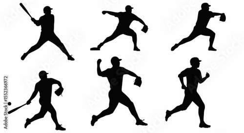 Baseball player silhouettes illustrate sports actions and movements on a clean background.