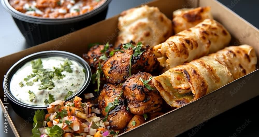 Close up of food meal in a box with various dishes, including roasted potatoes with herbs, naan bread, yogurt sauce and tomatoes, in a dark setting