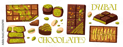 Dubai chocolate with pistachio and kataifi dough. Set of stickers with milk and white chocolate bars and candies with pistachio paste filling. Cartoon vector illustration isolated on background