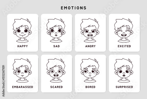 Educational Cards for kids. Set of flashcards for preschoolers from primary school. Materials with boy expressing different emotions. Outline vector illustration collection isolated on background