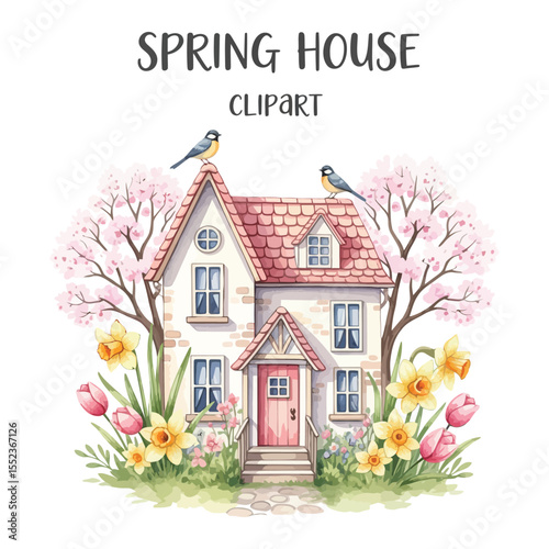 Spring House Clipart with Cherry Blossoms and Birds Vector illustration 