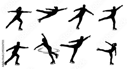 Skating silhouetted figures glide on ice, showcasing figure skating moves in a graphic element of sports and artistic expression.